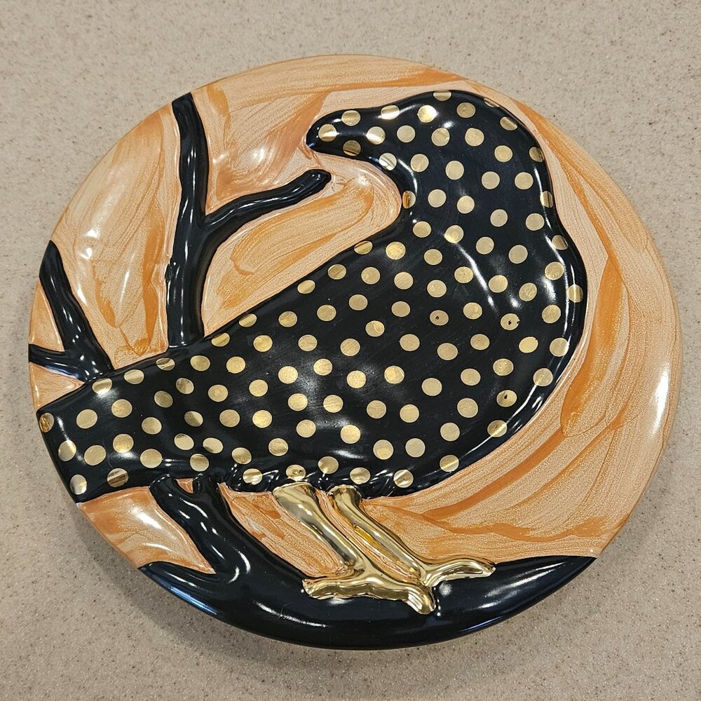 RARE LE MACKENZIE CHILDS CROW HALLOWEEN FALL CERAMIC SALAD DESSERT ACCENT PLATE